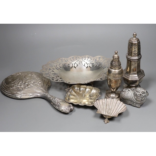 804 - Mixed silver and white metal items including two silver casters, a silver mounted hand mirror, an Eg... 