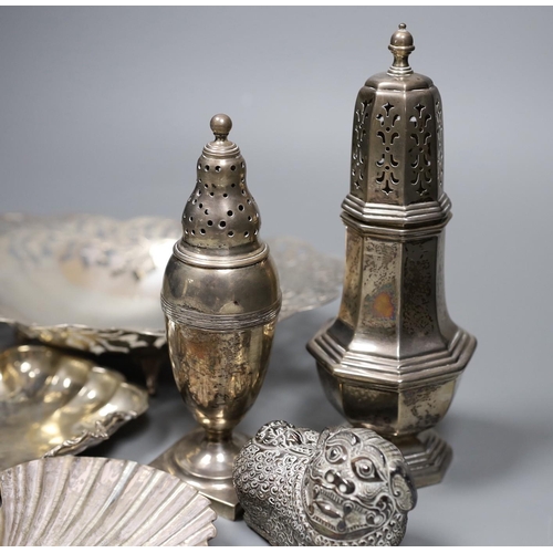 804 - Mixed silver and white metal items including two silver casters, a silver mounted hand mirror, an Eg... 