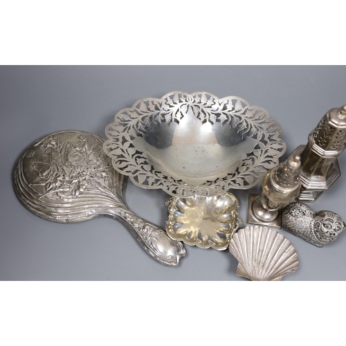 804 - Mixed silver and white metal items including two silver casters, a silver mounted hand mirror, an Eg... 