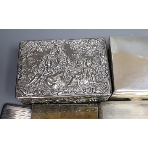 805 - Six assorted cigarette cases or boxes, including two silver boxes, largest 14.2cm, three silver ciga... 