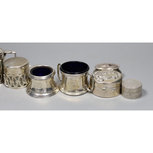 824 - A small group of collectable small silver and white metal items including two pairs of 19th century ... 