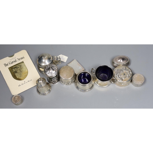 824 - A small group of collectable small silver and white metal items including two pairs of 19th century ... 