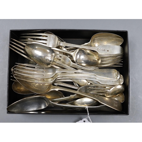 826 - A mixed part canteen of George III and later silver mainly fiddle or fiddle and thread flatware, var... 