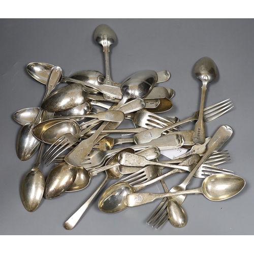 826 - A mixed part canteen of George III and later silver mainly fiddle or fiddle and thread flatware, var... 