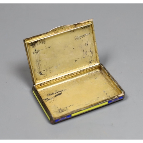 828 - A George V silver and two colour enamel rectangular cigarette case, import marks for Glasgow, 1926, ... 