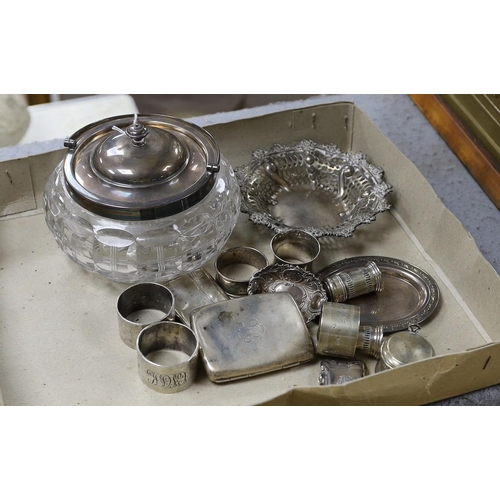 830 - A George V silver mounted glass bowl and cover and other sundry silver including napkin rings, vesta... 