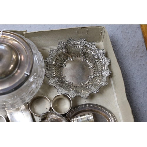 830 - A George V silver mounted glass bowl and cover and other sundry silver including napkin rings, vesta... 