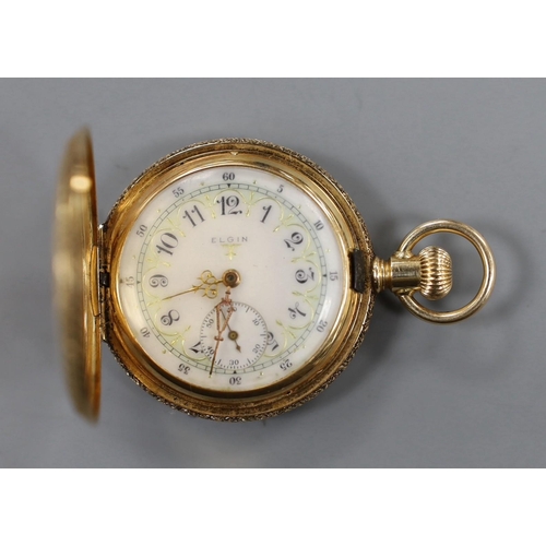 880 - An early 20th century 14k Elgin hunter keyless fob watch, with Arabic dial and engraved monogram, gr... 