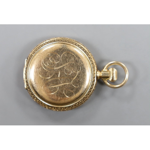 880 - An early 20th century 14k Elgin hunter keyless fob watch, with Arabic dial and engraved monogram, gr... 