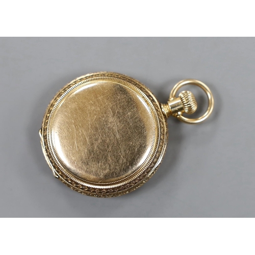 880 - An early 20th century 14k Elgin hunter keyless fob watch, with Arabic dial and engraved monogram, gr... 