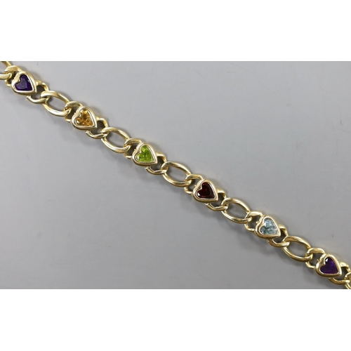 881 - A modern Baith 14k and multi heart shaped gem set bracelet, 19cm, gross weight 15.9 grams.