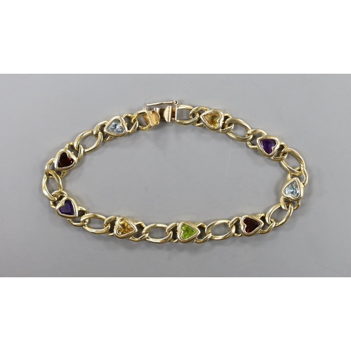 881 - A modern Baith 14k and multi heart shaped gem set bracelet, 19cm, gross weight 15.9 grams.