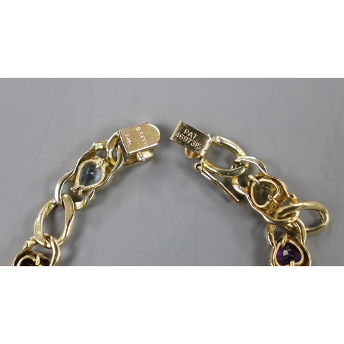 881 - A modern Baith 14k and multi heart shaped gem set bracelet, 19cm, gross weight 15.9 grams.