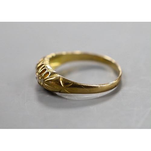 887 - An early 20th century 18ct gold and graduated five stone diamond chip set half hoop ring, size Q, gr... 