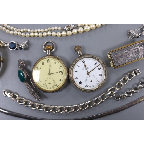 893 - Two silver open faced pocket watches and a group of minor jewellery including bracelets, pendant, ba... 