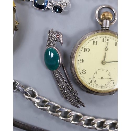 893 - Two silver open faced pocket watches and a group of minor jewellery including bracelets, pendant, ba... 