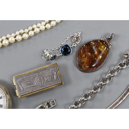 893 - Two silver open faced pocket watches and a group of minor jewellery including bracelets, pendant, ba... 