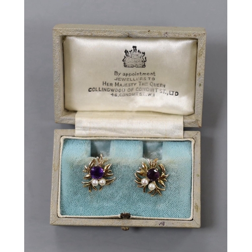 898 - A pair of 9ct, amethyst and cultured pearl cluster earrings, 17mm, gross weight 4.2 grams.