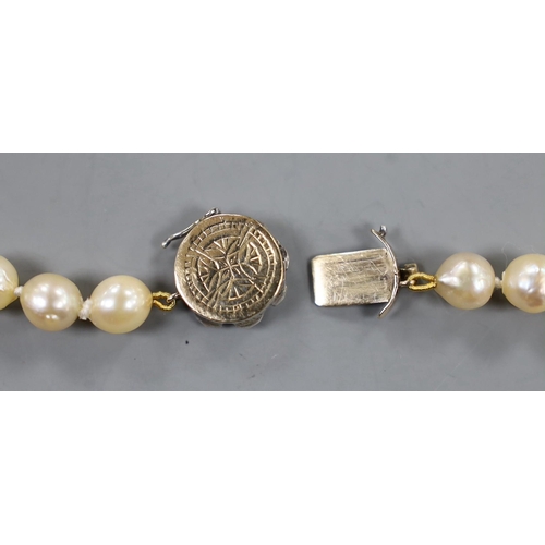 899 - A single strand cultured  pearl necklace, with diamond cluster set yellow and white metal clasp, 66c... 