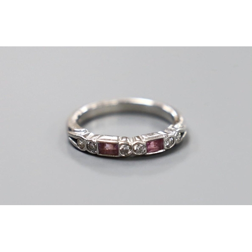 903 - A modern platinum, two stone pink sapphire and six stone diamond set half hoop ring, size H, gross w... 