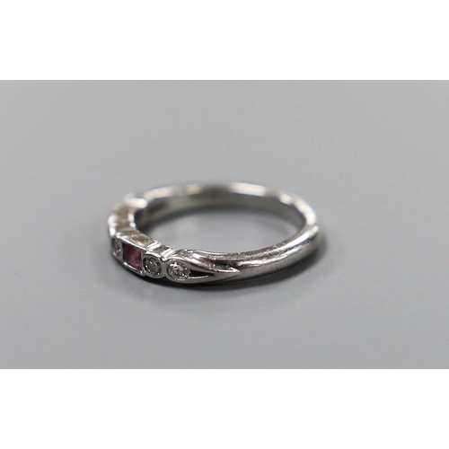 903 - A modern platinum, two stone pink sapphire and six stone diamond set half hoop ring, size H, gross w... 