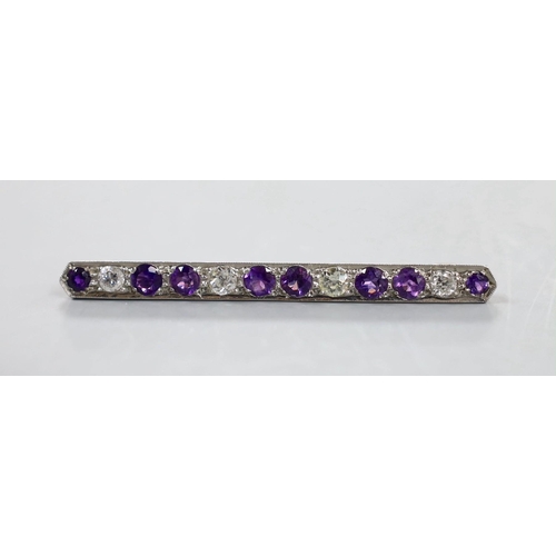 919 - A white metal, eight stone amethyst and four stone diamond set bar brooch, 57mm, gross weight 4.6 gr... 