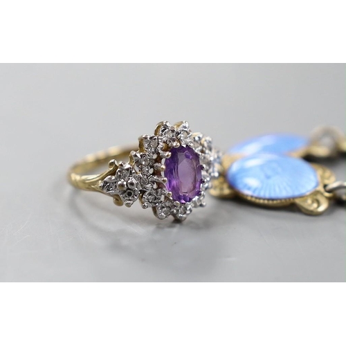 930 - A modern 9ct gold, amethyst and diamond chip set oval cluster ring, size L, gross weight 2.2 grams a... 