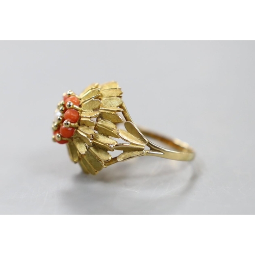 933 - A continental yellow metal, coral bead and culture pearl cluster set dress ring, size R, gross weigh... 