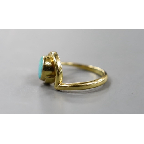 934 - A modern 18ct gold and white opal set ring, size R, gross weight 6.2 grams.