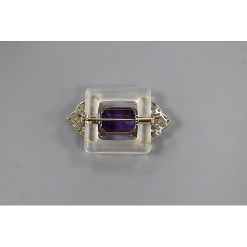 939 - An Art Deco style yellow and white metal, amethyst, rose cut diamond and frosted glass set shaped re... 