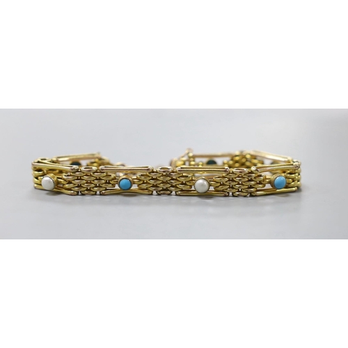 945 - A 9ct gold , split pearl and turquoise set gate link bracelet, 17.5cm, gross weight 17.4 grams.... 