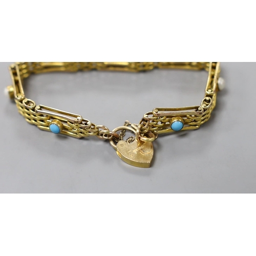 945 - A 9ct gold , split pearl and turquoise set gate link bracelet, 17.5cm, gross weight 17.4 grams.... 