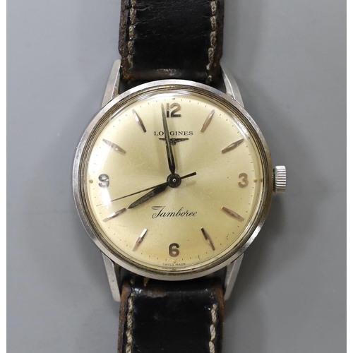 952 - A gentleman's stainless steel Longines Jamboree manual wind wrist watch, on a later leather strap.... 