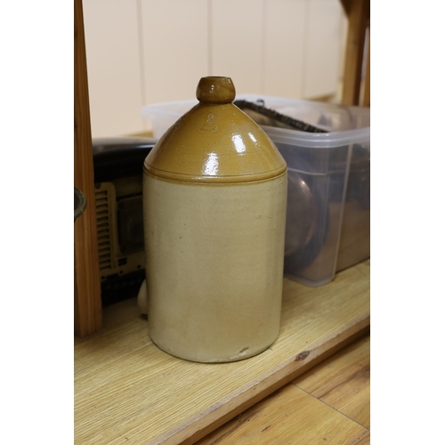 406 - A 1930's HMV bakelite electric heater, A Mattocks cast iron weighing scale and a Lewes stoneware jar... 