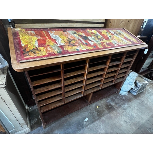 1003 - An early 20th French beech postroom pigeonhole cabinet, width 179cm depth 57cm height 130cm