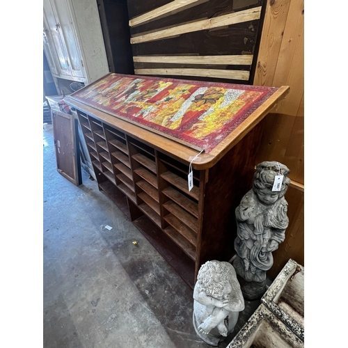 1003 - An early 20th French beech postroom pigeonhole cabinet, width 179cm depth 57cm height 130cm