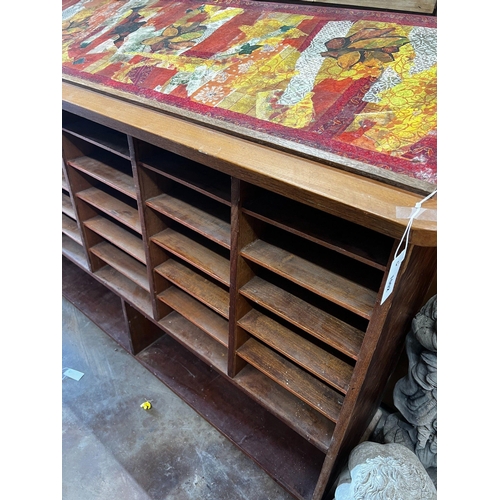 1003 - An early 20th French beech postroom pigeonhole cabinet, width 179cm depth 57cm height 130cm