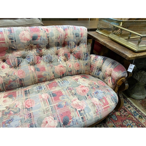 1042 - An Edwardian inlaid walnut buttonback settee, width 178cm