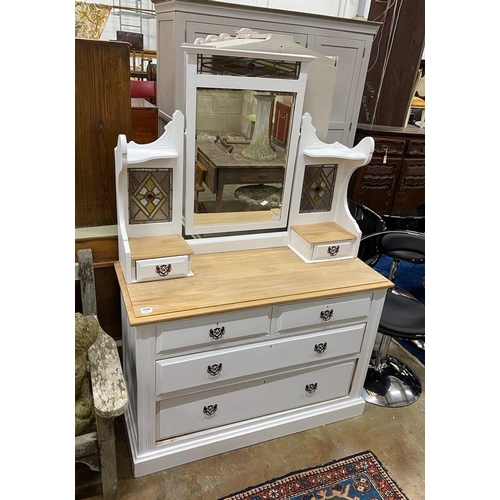 1049 - An Edwardian later painted beech dressing chest, with inset stained glass panels, width 116cm