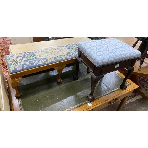 1085 - A 1920's mahogany box seat piano stool, 49cm, and an oak and beech foot stool, 97cm