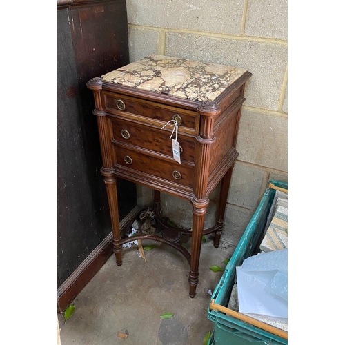 1121 - An early 20th century French marble topped mahogany bedside cabinet, fitted with a single drawer abo... 