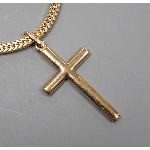 1933 - A modern Italian 750 yellow metal cross pendant, 32mm, on an Italian 750 chain, 66cm, 27.4 grams.... 