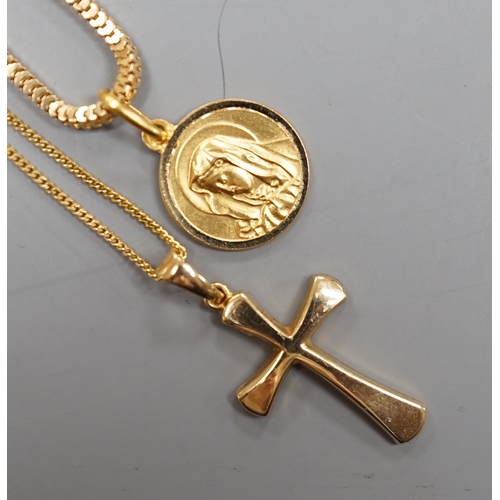 1934 - A modern Italian 750 yellow metal pendant on chain, gross 7.7 grams and a 375 cross pendant on a 9ct... 