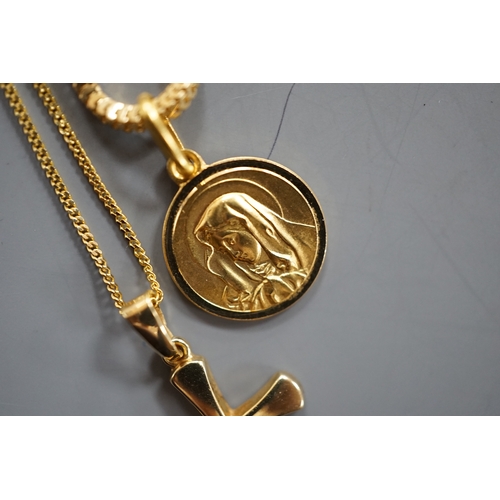 1934 - A modern Italian 750 yellow metal pendant on chain, gross 7.7 grams and a 375 cross pendant on a 9ct... 