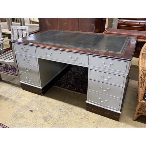 1033 - A mid 20th century mahogany pedestal desk, later painted grey, width 152cm, height 90cm