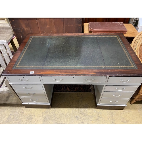 1033 - A mid 20th century mahogany pedestal desk, later painted grey, width 152cm, height 90cm