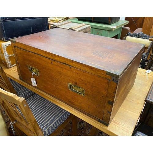 1037 - A military style brass mounted teak campaign chest section, width 85cm, depth 53cm, height 36cm... 