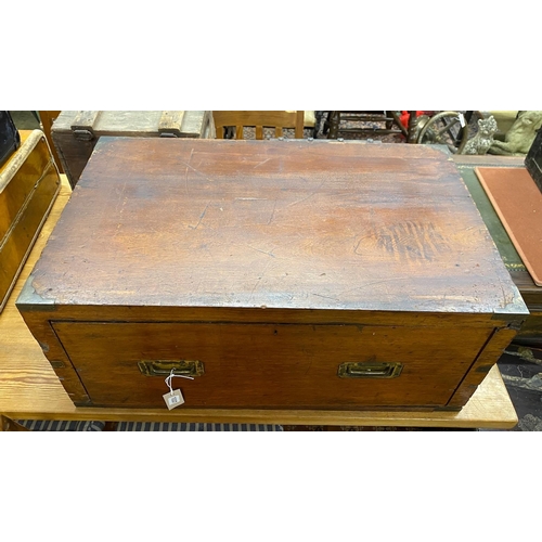 1037 - A military style brass mounted teak campaign chest section, width 85cm, depth 53cm, height 36cm... 