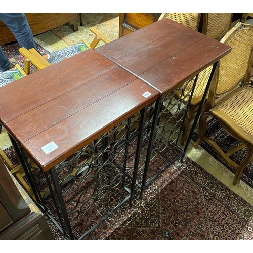 1041 - A pair of contemporary hardwood topped wrought iron wine tables, width 50cm, depth 40cm, height 92cm... 