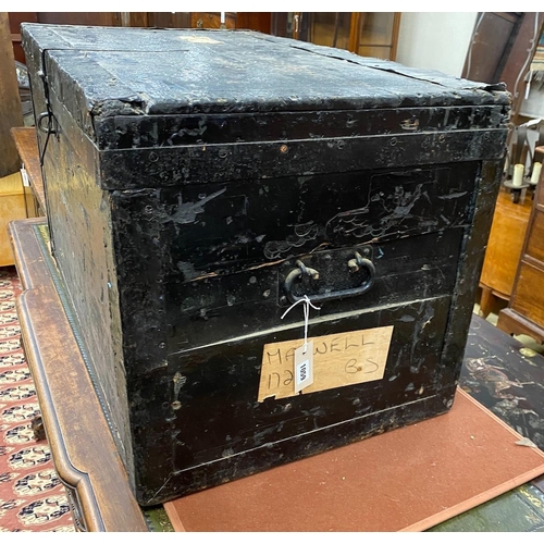 1059 - A 19th century iron bound travelling trunk, width 88cm, depth 53cm, height 53cm